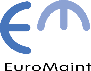 EuroMaint Rails logotyp. EuroMaint i svart, bokstaven E och M i blått med vit bakgrund.