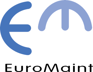 EuroMaint Rails logotyp. EuroMaint i svart, bokstaven E och M i blått med vit bakgrund.